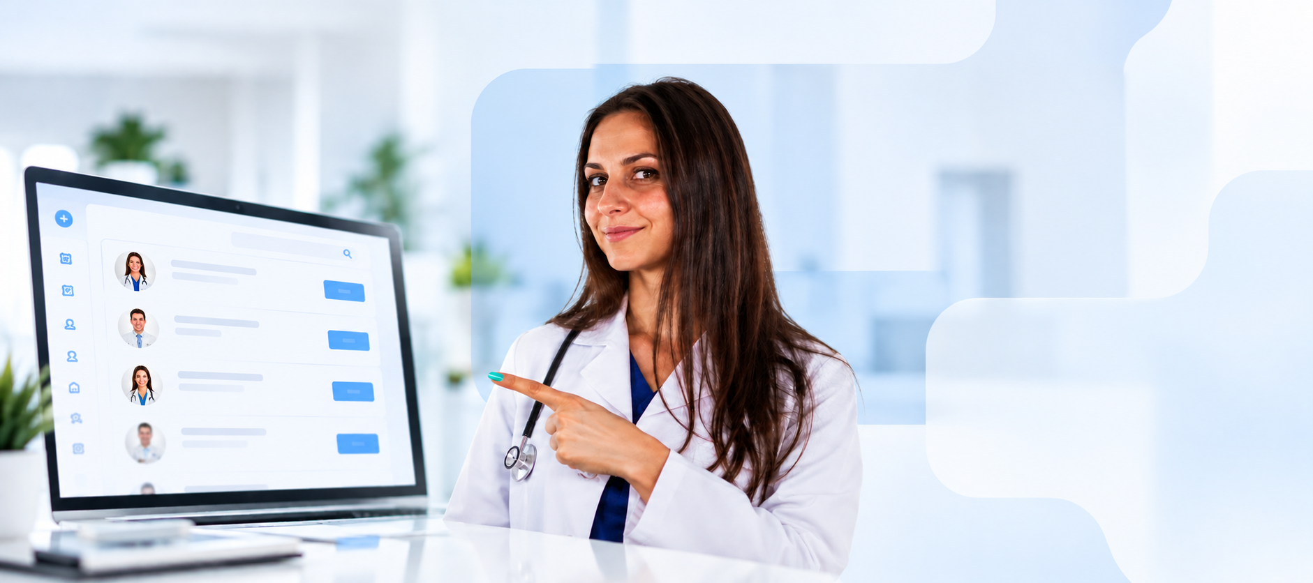 Female physician pointing toward a provider directory