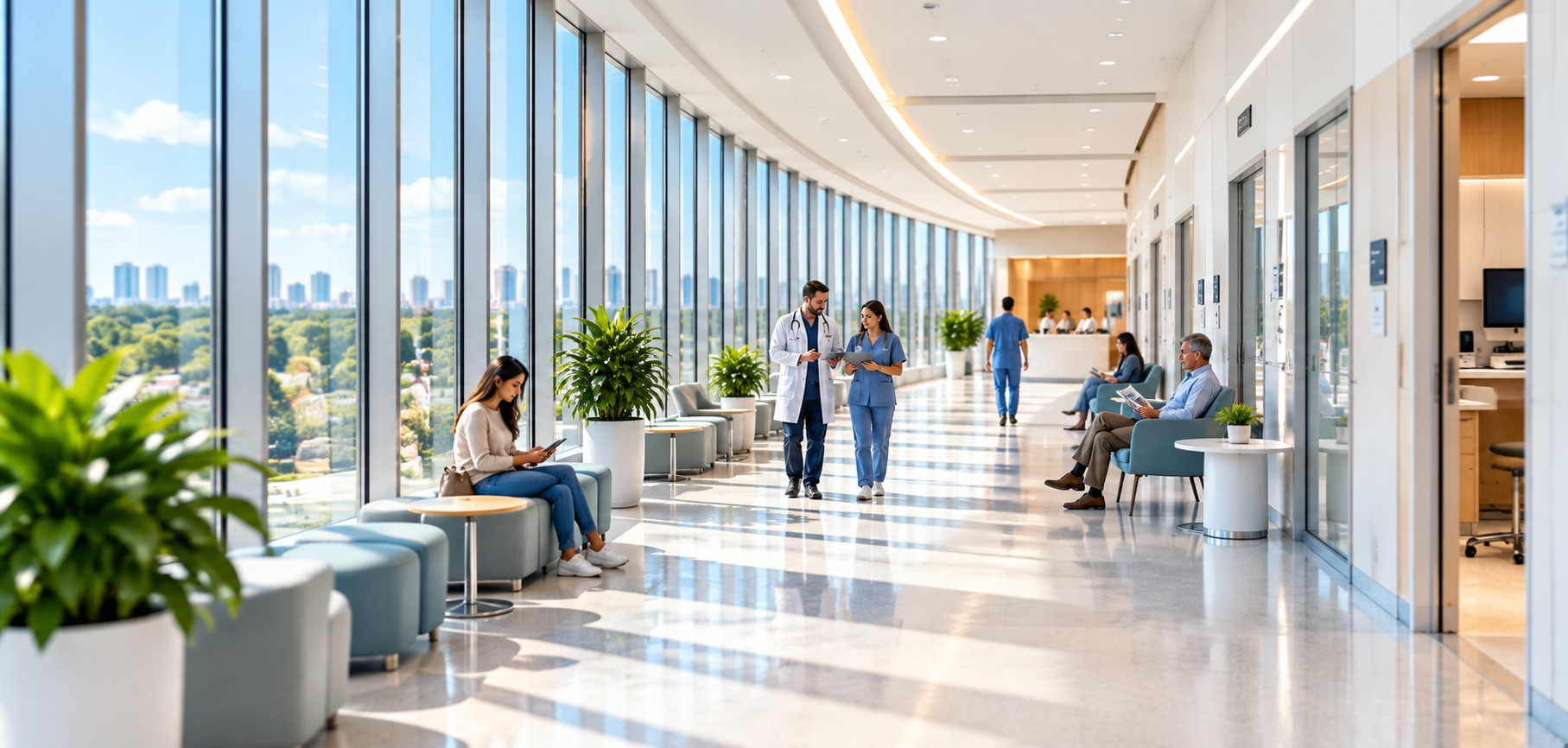 Bright modern medical clinic with providers and patients