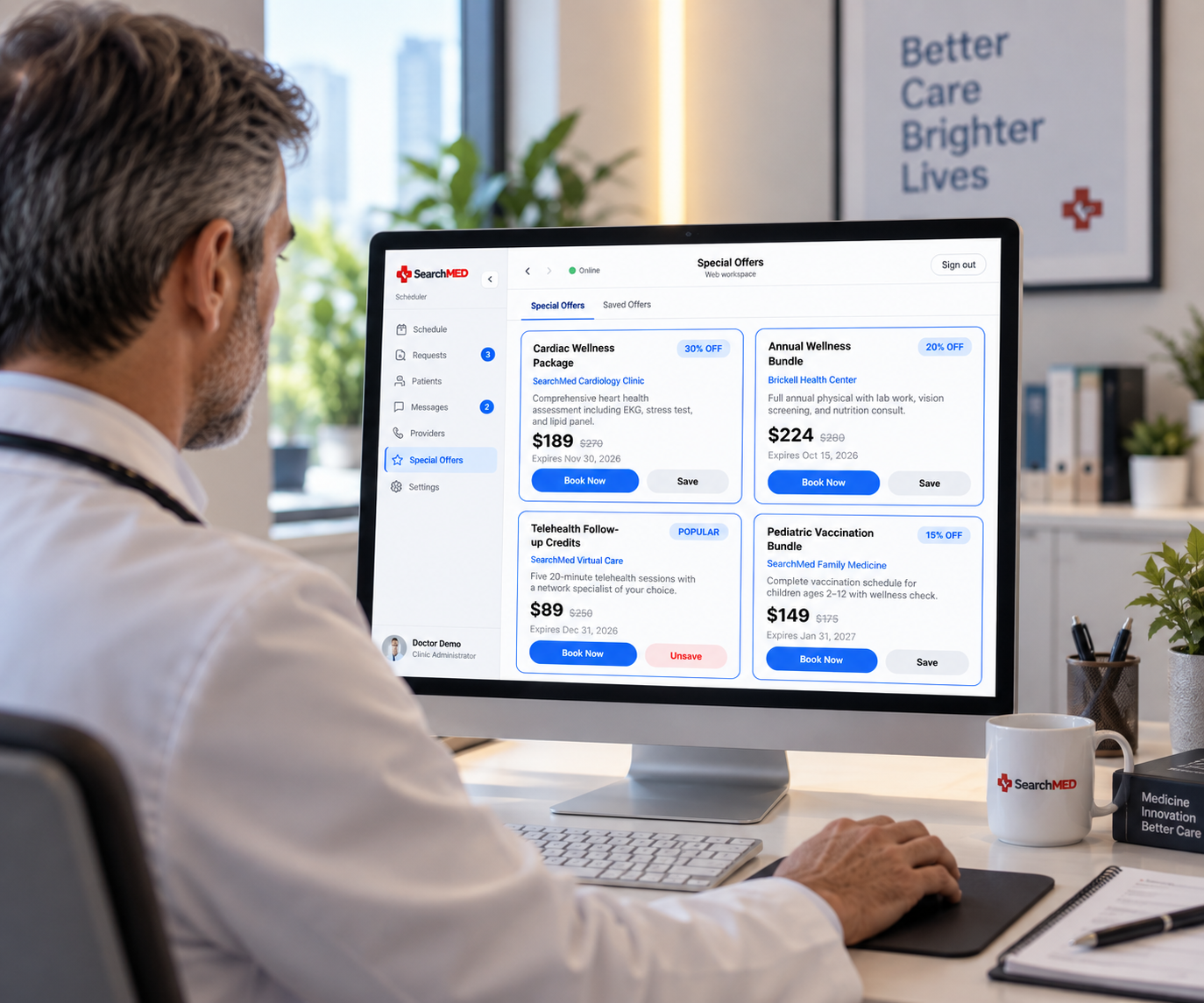 Doctor viewing SearchMed Special Offers on an iMac